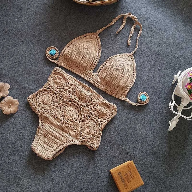 Handmade Crochet Bikini Knitting Swimsuit Hollow Sexy Knitted Beach Women Swimwear High Waist Triangle Secret  (7)