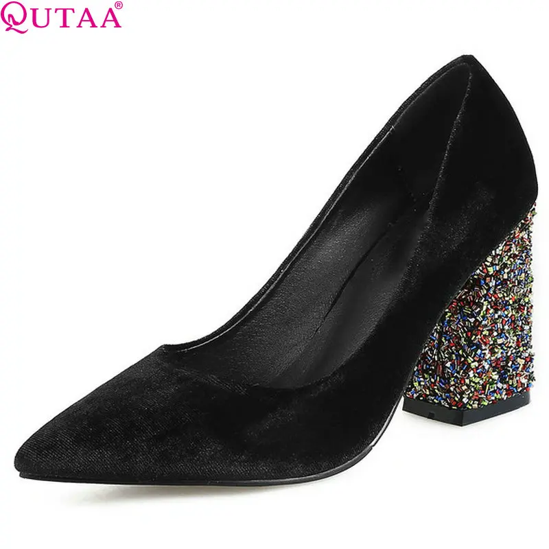 

QUTAA 2018 Women Pumps Square High Heel Pointed Toe Flock Spring/ Autumn Slip on Casual Platform Women Shoes Size 34-43