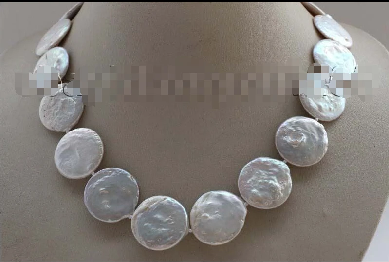 

FREE SHIPPING 17" Genuine Natural 20-22mm White Coin Pearl Necklace 14KGP #f2066!