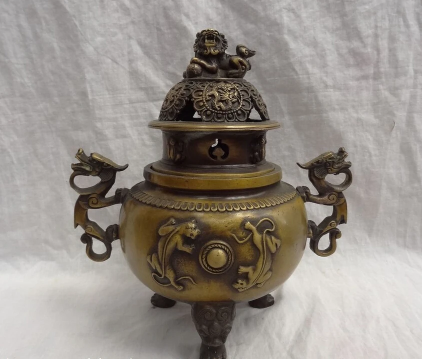 

S3979 10" Tibet Bronze Buddhist Dragon Unicorn Lion Ball Statue Incense Burner Censer D0318