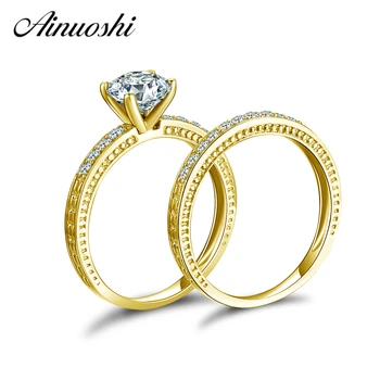 

AINUOSHI 14K Solid Yellow Gold Engagement Ring Set Classic 1 ct Simulated Diamond Aneis Feminino Women Wedding Bridal Ring Sets