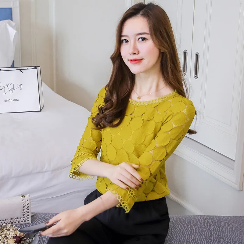  2019 Spring Autumn Korean Women Hollow Out Lace Blouses Shirts Female Fashion Loose Flare Sleeves O