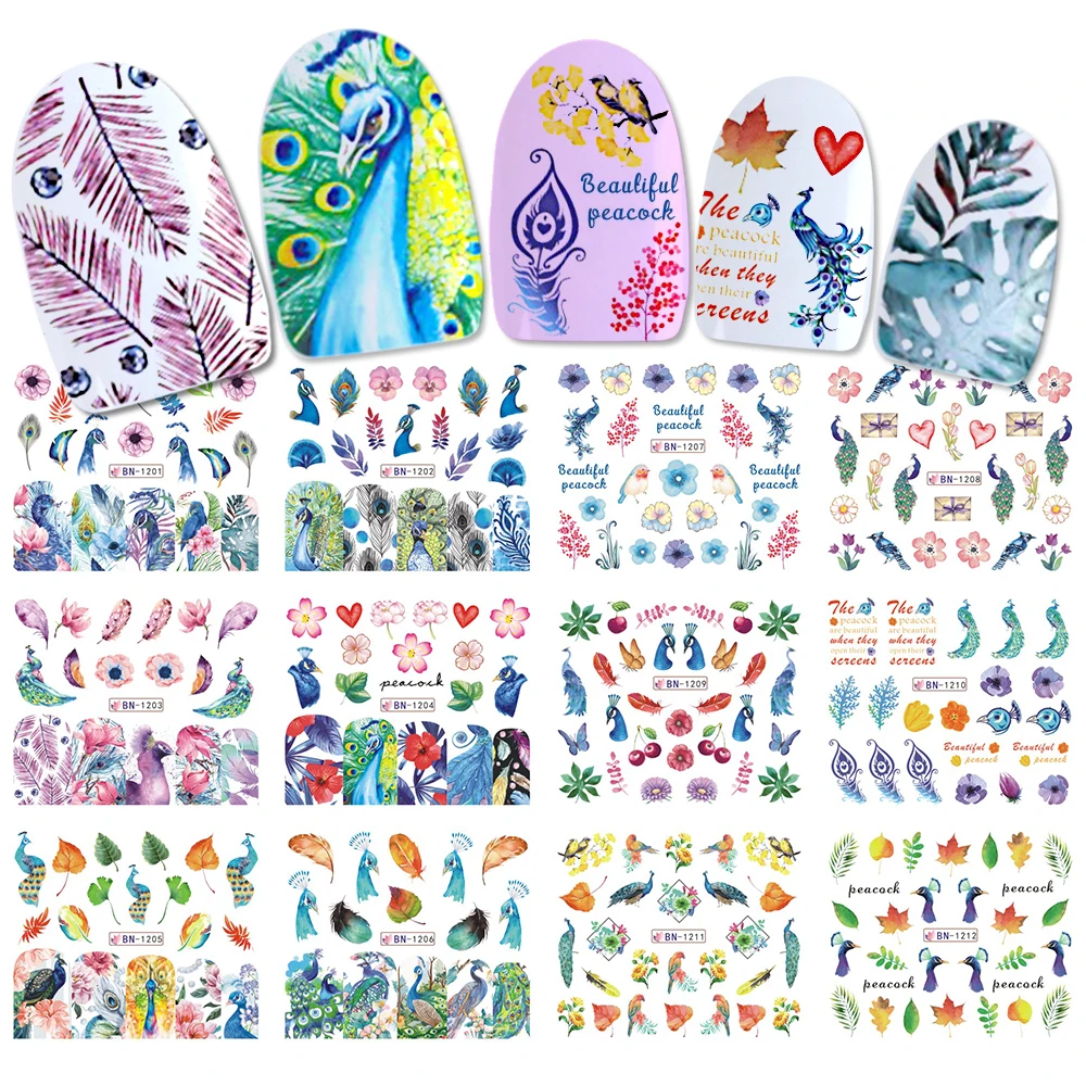 

12pcs Peacock Nail Decals Feather Bloom Flowers Parrot Water Stickers Butterfly Flower Slider Nails Accessories BEBN1201-1212