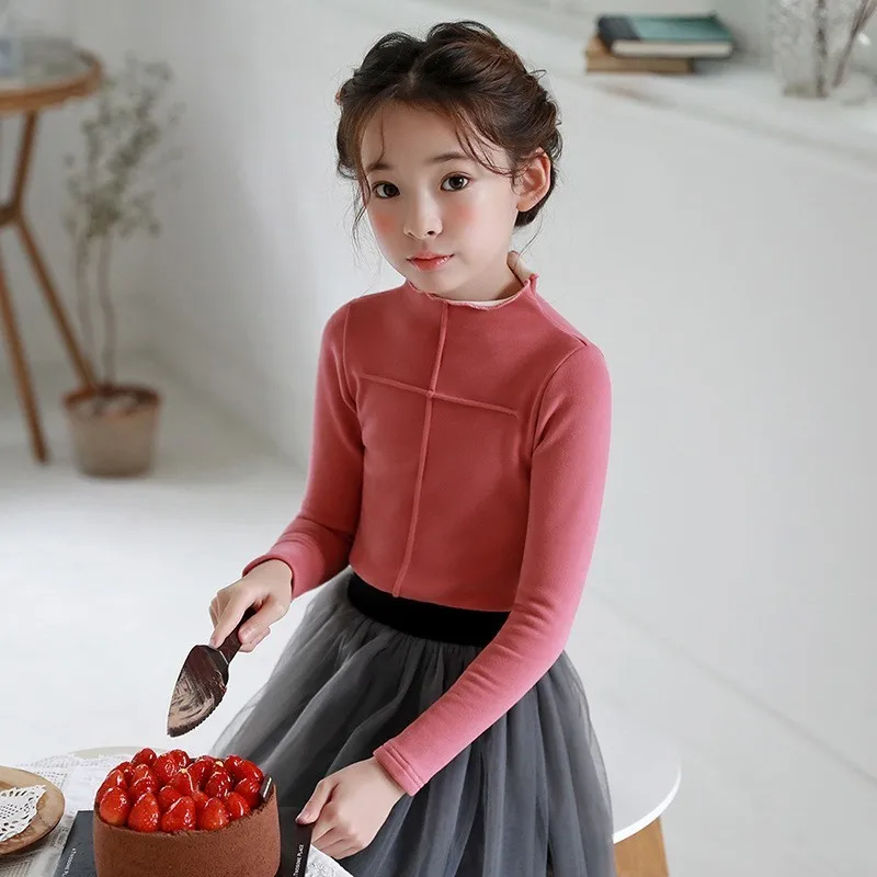 

Velvet Teenage Girls Tees Long Sleeves 2018 Autumn Winter Red Warm Tops Thick Toddler Kid T Shirt Children T-shirts Clothing