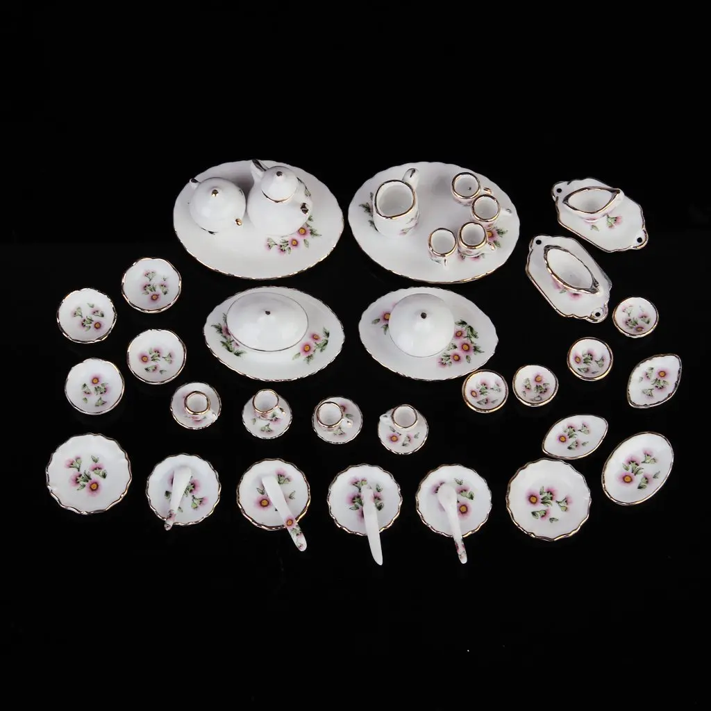 

50 pcs Miniature Dollhouse Accessories Dinnerware Porcelain Tea Set Tableware Mug Plate Pink Daisies