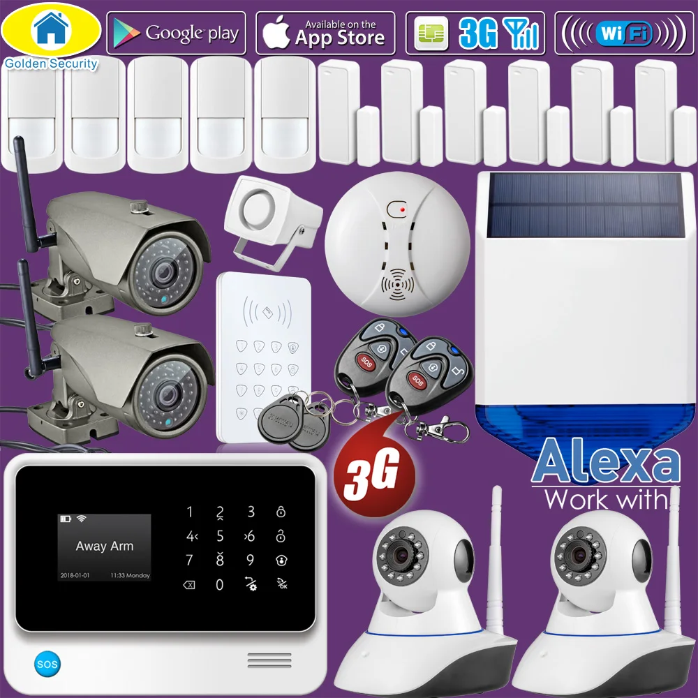

Towode 2018 Full Kit Compatible with Alexa WIFI 3G GSM Alarm system Wireless Home Security APP Control Multi Language
