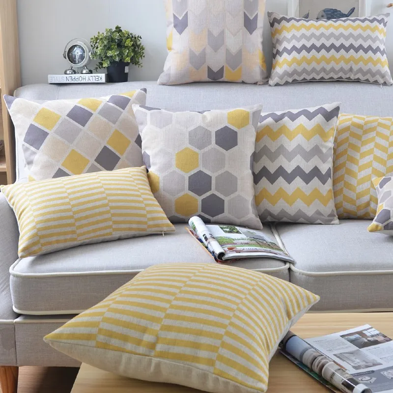 Льняная наволочка желто-серая наволочка для подушки Nordico Геометрический стиль домашний декоративный чехол для подушки 60x60 см/55x55 см