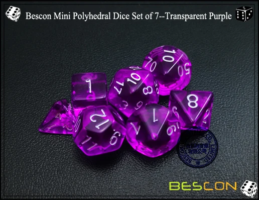 Bescon мини полупрозрачные многогранные игральные кости, набор 10 мм, маленькие ролевые игры, игральные кости, набор D4-D20 в трубке, прозрачный фиолетовый