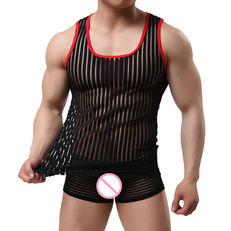 مثير الرجال شبه شفافة مخطط الدبابات القمم فانيلة الملابس الداخلية يا الرقبة أكمام Colete Masculino المصارعة قميص ل رجل