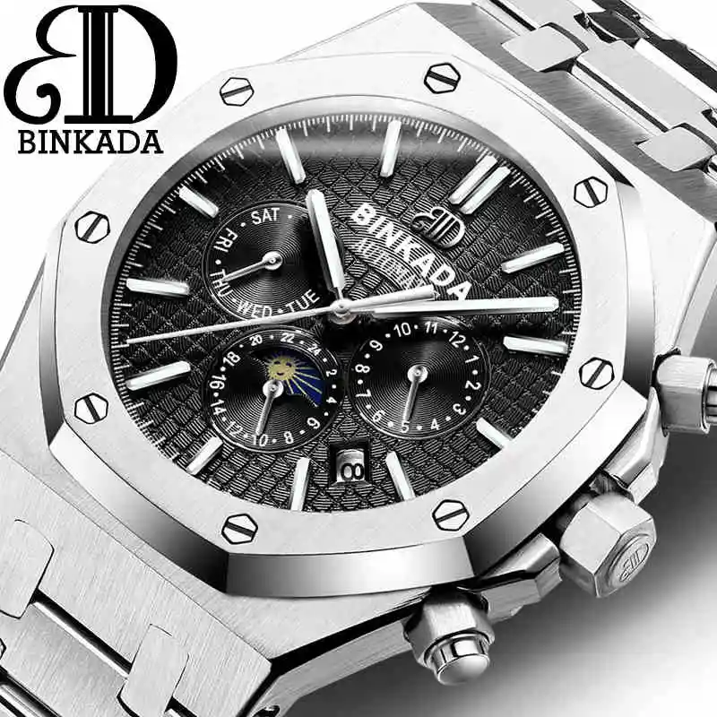 

BINKADA 2016 Luxury Top Brand Sport Watch Mens Automatic Moon Phase Mechanical Wristwatches Fashion Stainless Steel Relogio Men