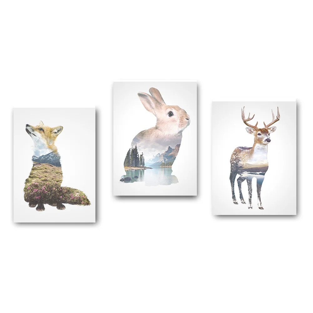 NICOLESHENTING кролик, олень, силуэт животного, постеры, минимализм, настенное искусство, холст, живопись в скандинавском стиле, картина, домашний декор - Цвет: 3 pcs Set