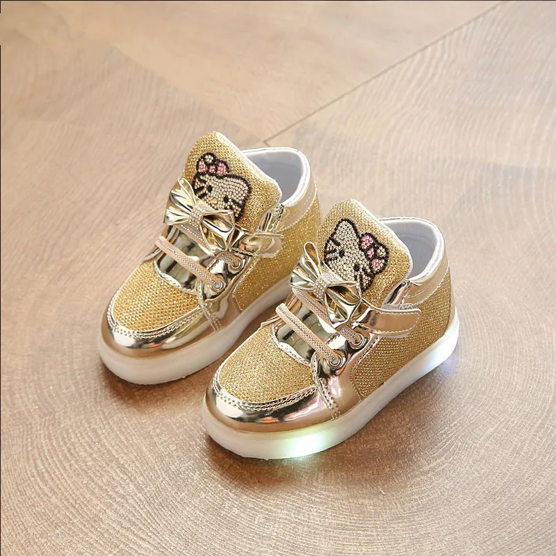 Children Shoes New Spring Hello Kitty Rhinestone Led Shoes Girls Princess Cute Casual Shoes with Light SH19044
