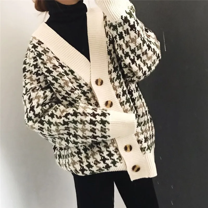 Зимний женский свитер, модный вязаный клетчатый кардиган, Женские Геометрические вязаные топы, свитер с v-образным вырезом