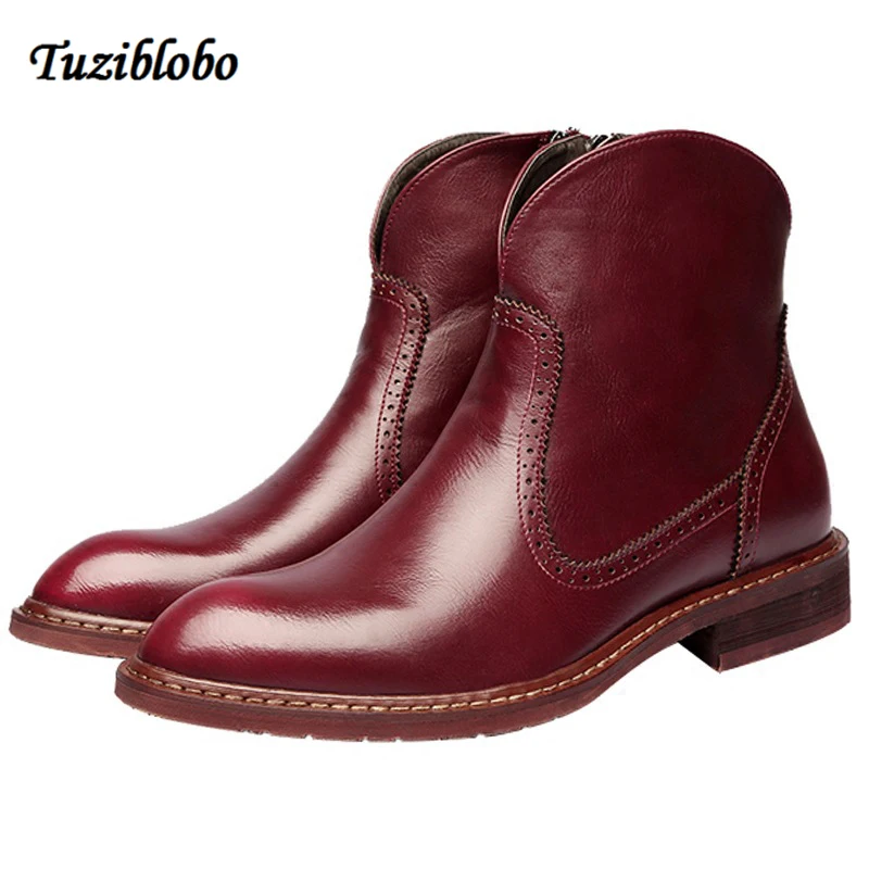 

Autumn Winter Men Zipper Martin Boots Slip-On Pointed Toe Chelsea Boots Genuine Leather Breathable Ankle Boots Male Shoes