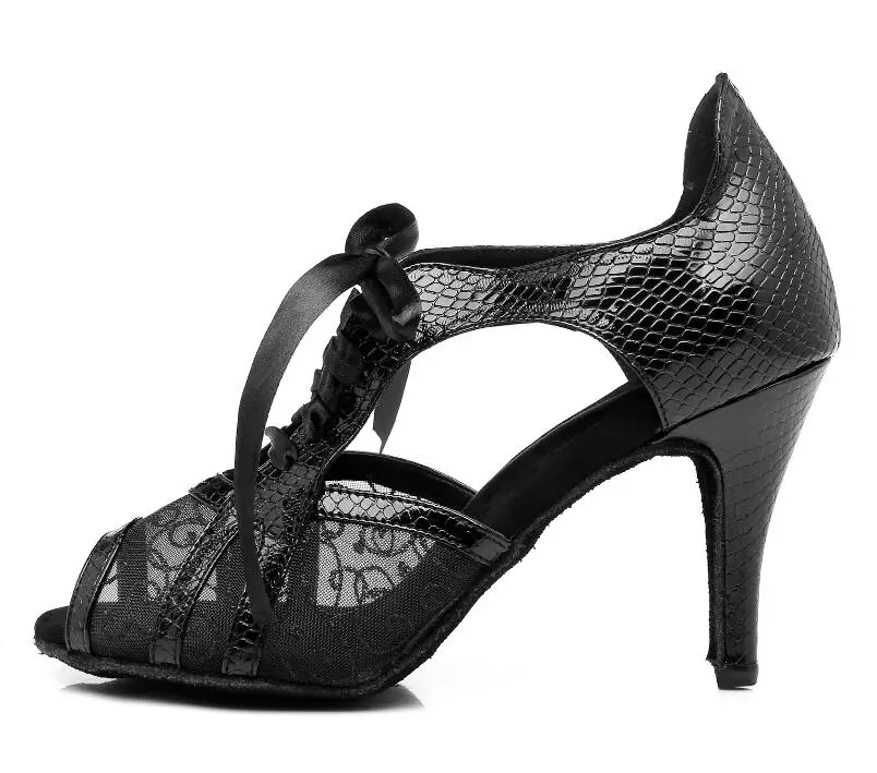 Женские черно-белые кружевные бальные туфли для латинских танцев; женская танцевальная обувь Kizomba Tango на квадратном каблуке средней высоты; JuseDanc - Цвет: black heel 6cm