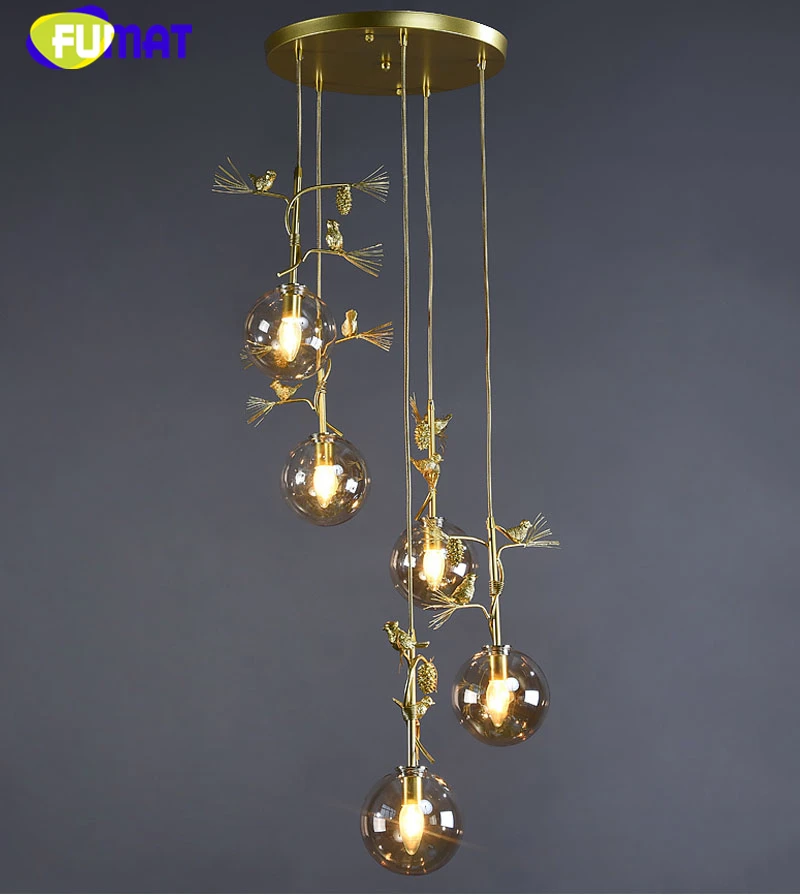 11 FUMAT Artichoke Bird Gold Glass Ball Ceiling Lamp Chandelier Spiral Staircase Villa G4 LED Modern Style Penthouse Layers Lights