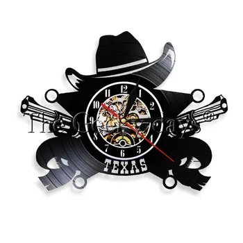 

1Piece Texas Cowboy Wall Clock Crossed Revolver Guns Vinyl Record Clock Bandit Man Cave Bar Sign Color Changing Led Wall Light