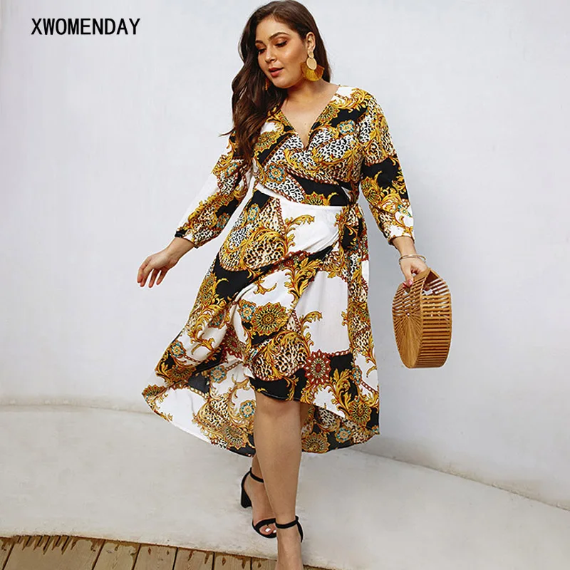 

4XL Plus Size Wine Red Summer Dress Boho Floral Print Large Size Female Long Sleeve V Neck Split Knee Length Wrap Dress Vestidos