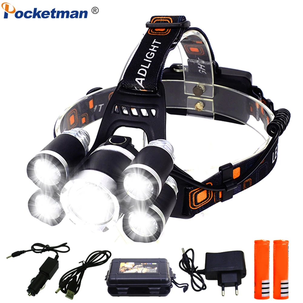 Ультраяркий налобный фонарь 5 * LED XML T6 с 4 режимами перезаряжаемый + 2*18650 батареи