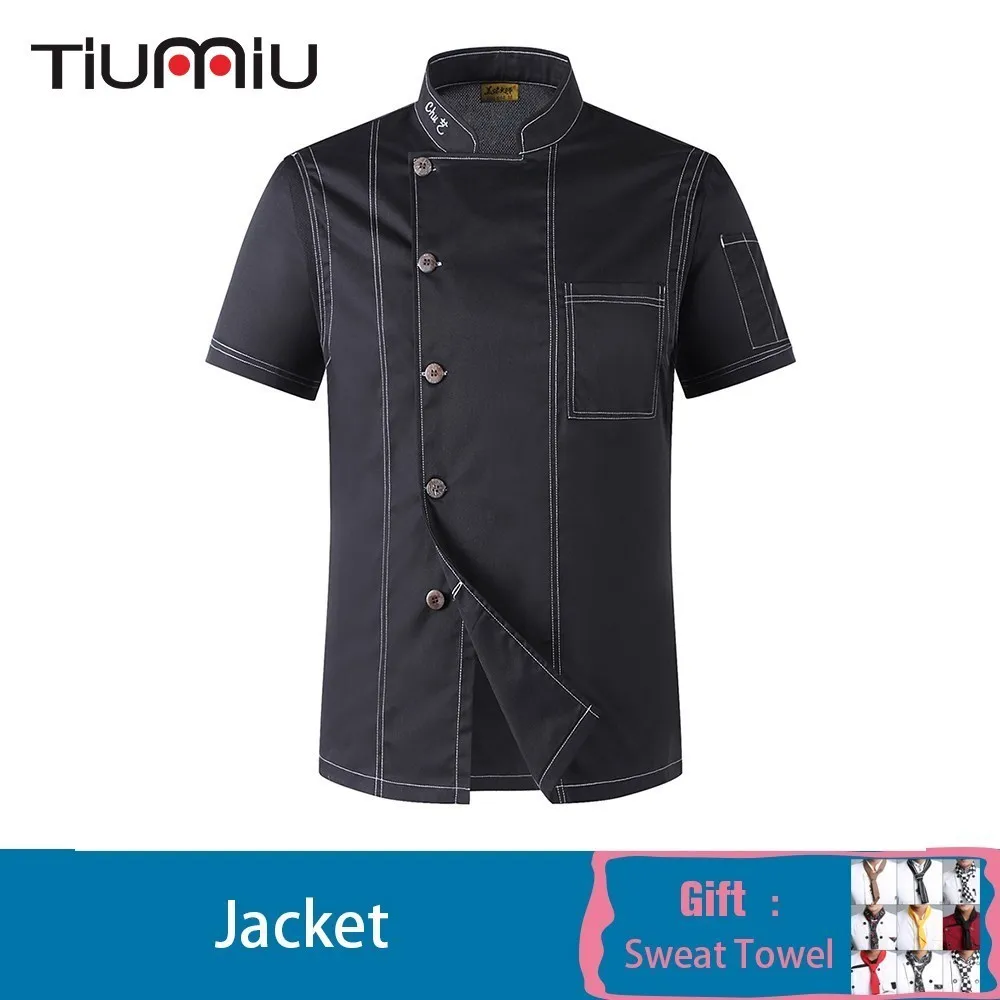 

2019 Unisex Men Single Breasted Chef Jacket Kitchen Cook Uniform Short-sleeved Restaurant Bakery Waiter Shirt Free Scarf Gift