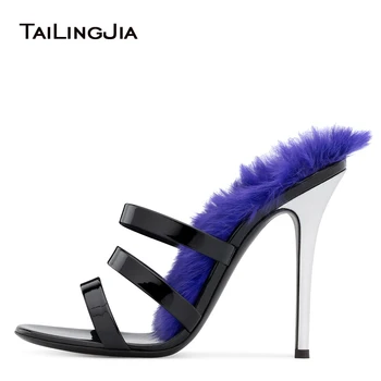 

Open Toe Women High Heel Fur Mules Gorgeous Heeled Sandals Black Patent Leather Party Dress Heels Ladies Summer Strappy Shoes