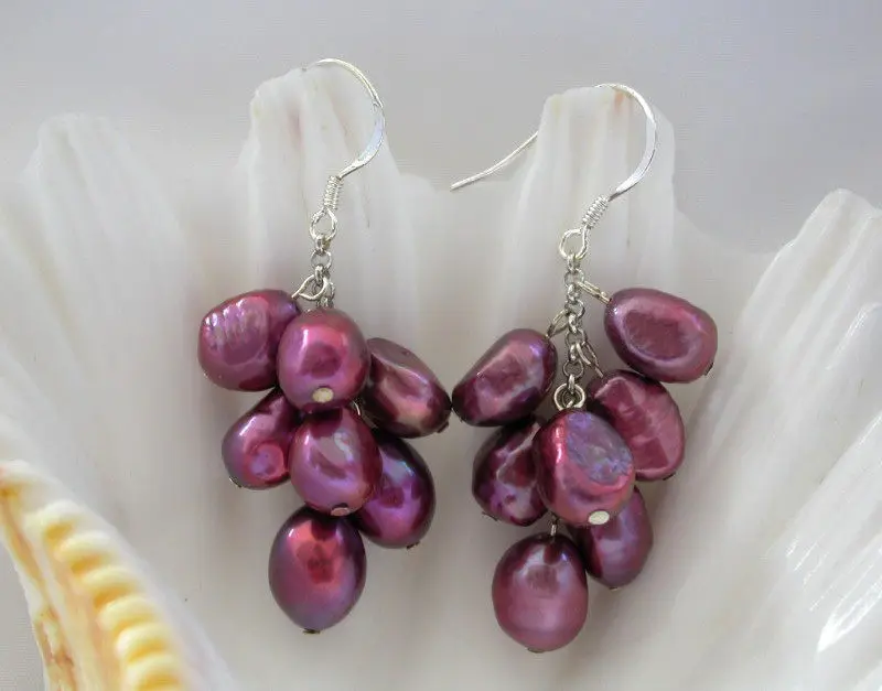 

Free shipping CLASSIC wine red freshwater pearls dangle earrings silver clasp b271 6.10