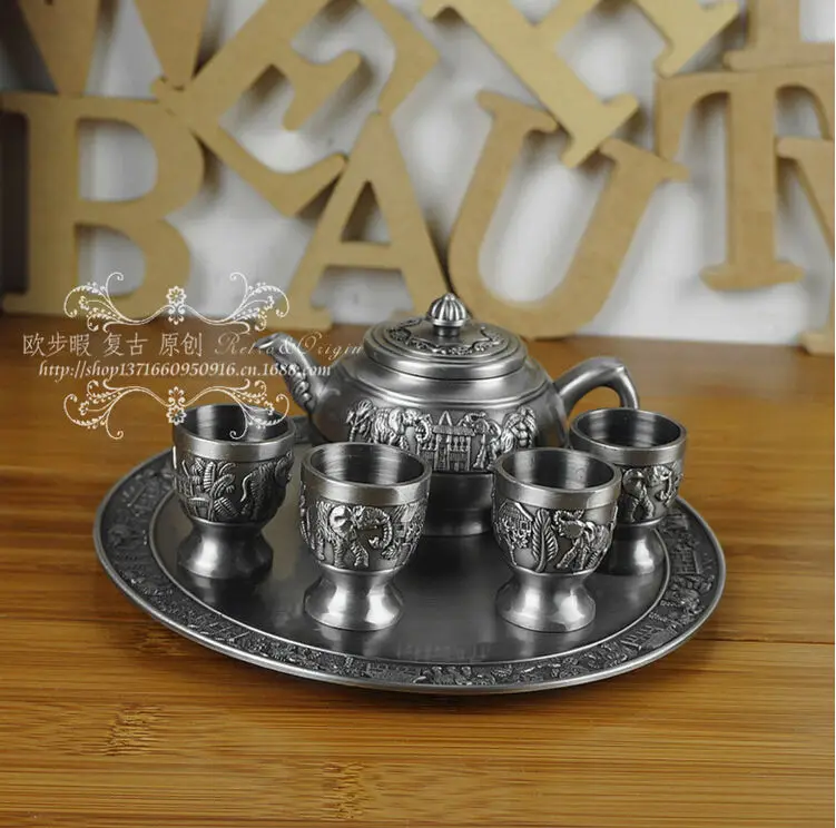 

6PCS/set 1pot 4 tea cup and 1tray tin color wine decanter wine set disposable cups vintage tea/ vin cupsbeer tower CJ005