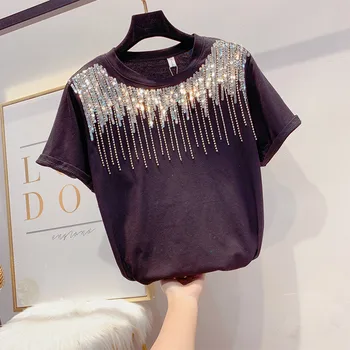 

Women Basic Tops 2019 Summer Short Sleeves T-Shirts Loose Diamond Sequins Tassels Fashion Tees Round Collar Black White T-shirts