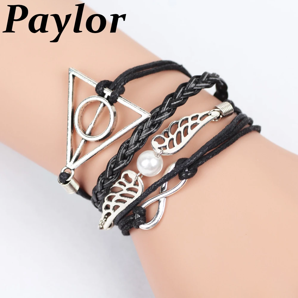 

Paylor Vintage Leather Rope Harri Potter Deathly Hallows Bracelets Hand Weave Multilayer Bracelets for Women Jewelry Gifts