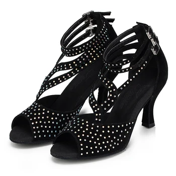 

Women Ballroom Latin Dance Shoes Rhinestone Black Salsa Sandal Female Samba Tango Party Dance Shoes High Heels 7.5/8.5/10cm 1783