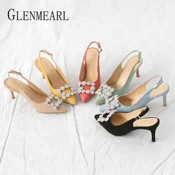 Women Pumps Fashion Ladies Rhinestone High Heels Shoes Soft Leather Heels Shoes Woman Pointed Toe Non-slip Brand Plus Size DE venchale shallow slip on convenient 2018 new arrival high heels pointed toe woman plus size shoes genuine leather woman pumps