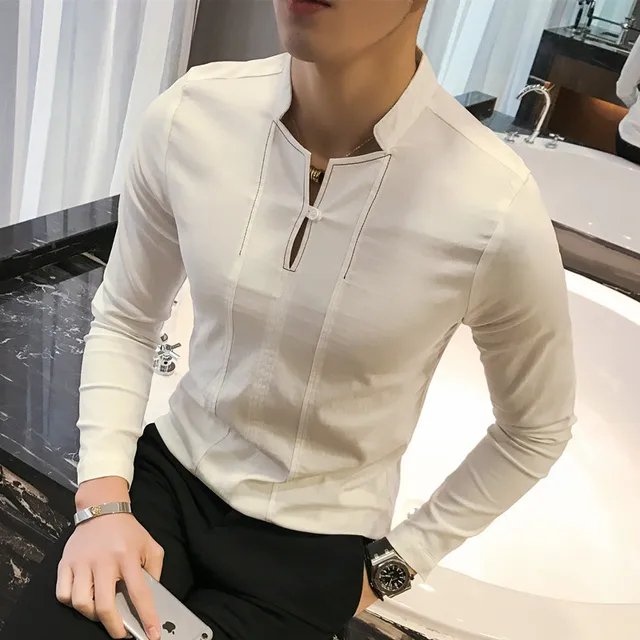 2018 Mandarin Collar Camisa Chinese Style Slim Fit Shirts For Mens