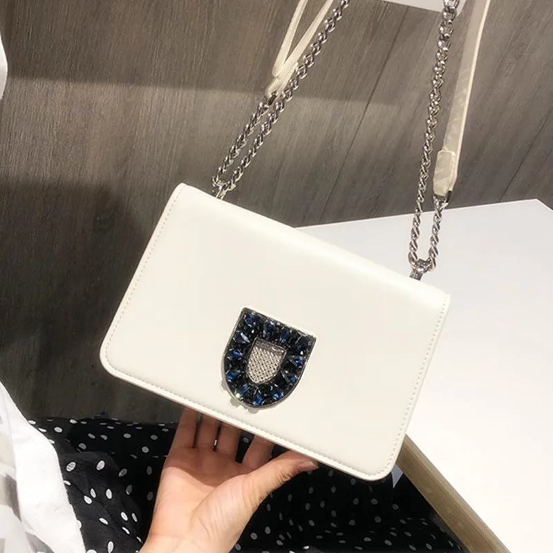 

2019 Fashion Women Handbags Genuine Leather Diamonds Chains Hand Bag Flap Shoulder Messenger Crossbody Cow Leather White Bags