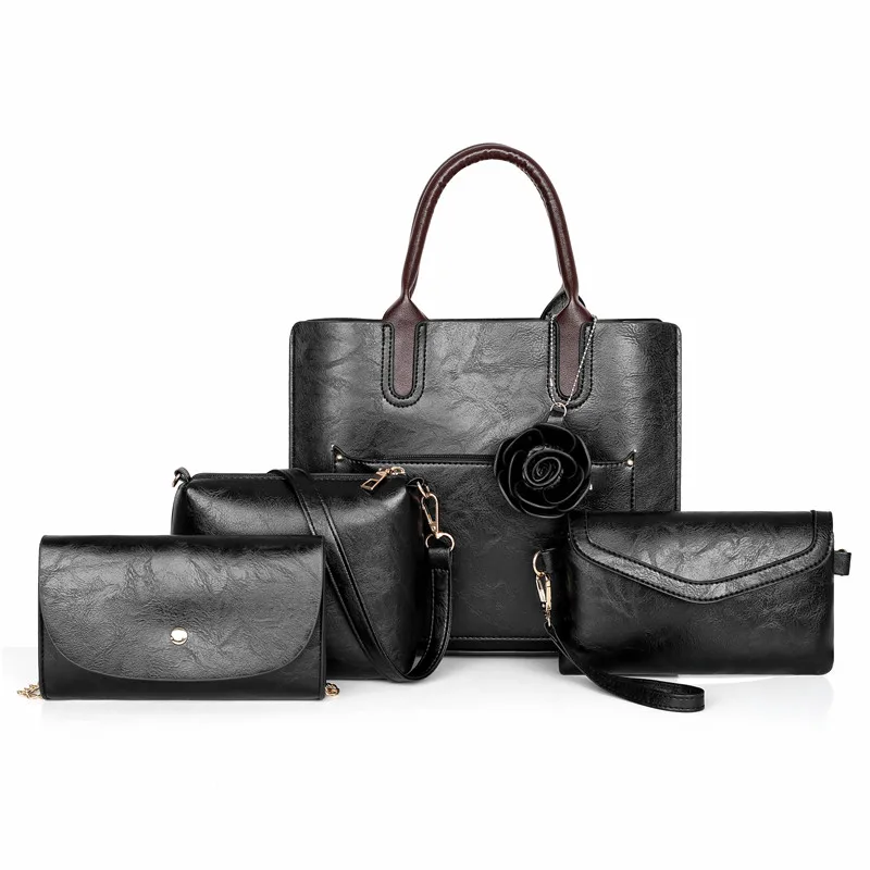 Роскошный кожаный кошелек и сумки известных брендов, дизайнерская сумка с верхней ручкой, женская сумка через плечо, Женская композитная сумка, 4 шт., Женский комплект - Цвет: Black