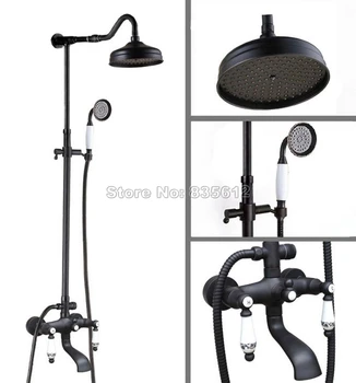 

Bathroom Black Oil Rubbed Bronze Rain Shower Faucet Set with Hold Shower+Dual Ceramic Handles Wall Mounted Tub Mixer Tap Whg624