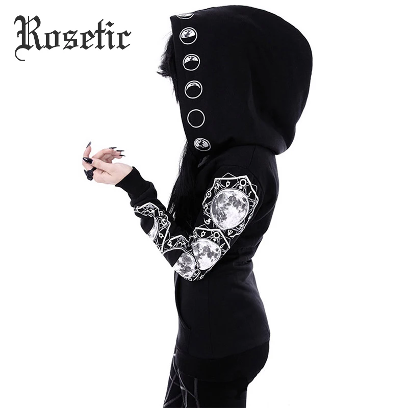 Rosetic النساء أسود مقنعين سستة عارضة مقنعين جيوب إلكتروني القمر طباعة القوطية الشرير هوديس الإناث البلوز الداكن القوطي