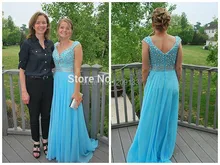 Lange kleider abendkleider 2015 A-linie sexy v-ausschnitt perlen flügelärmeln blau chiffon abendkleider vestido de festa de casamento