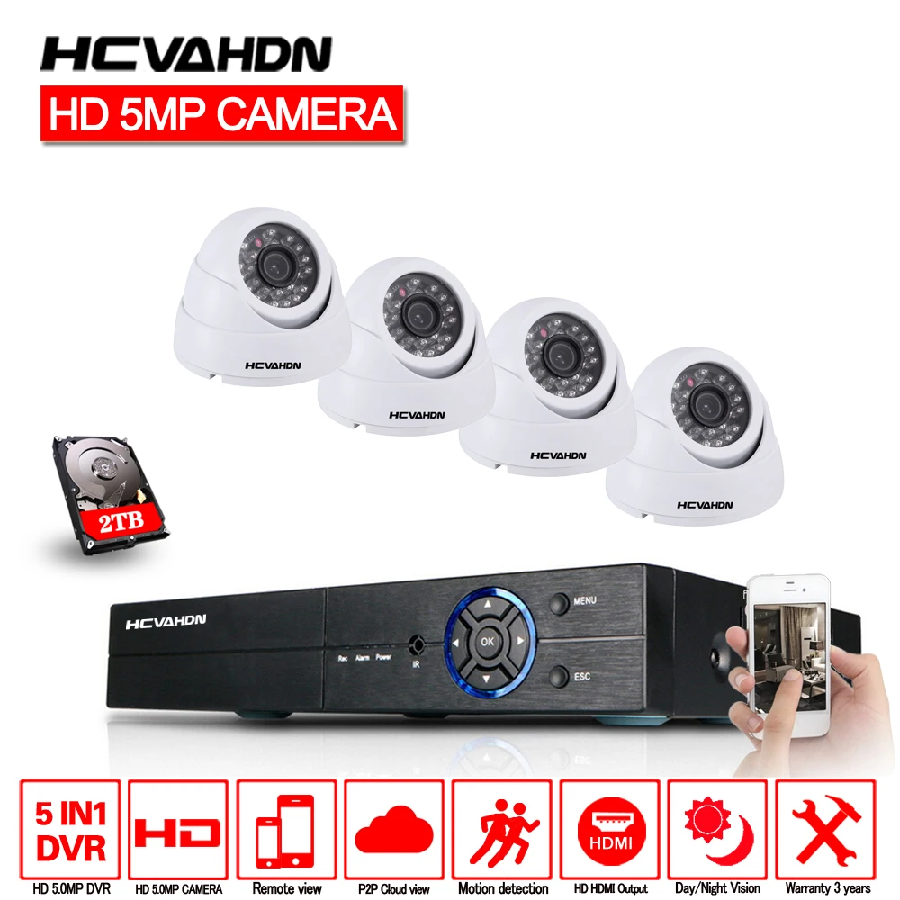 

HCVAHDN 4CH HD 5MP Home Security Cameras System With Hard Drive and 4Pcs 5.0MP 2560*1920p Indoor Outdoor Dome CCTV Cameras Kits