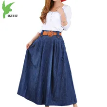 Большие размеры, Женская Осенняя джинсовая юбка средней длины, длинная юбка с эластичной резинкой на талии, плиссированная юбка, женские ковбойские большие юбки-качели, OKXGNZ 1372