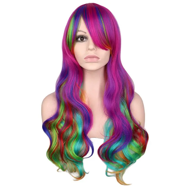 Hotsale Qqxcaiw Curly Wig Synthetic Hair Wigs Cosplay Rainbow Colorful Women Party High