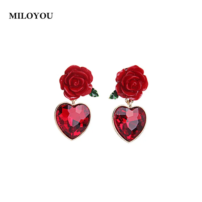 

MILOYOU Rose Flower Earrings for Women Romantic Crystal Red Heart Drop Earrings Fashion Party Weddings Ear Jewelry Gifts ML031
