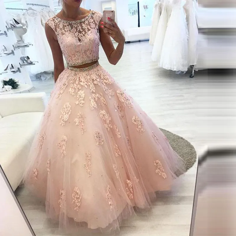 Elegant Two Pieces Evening Dress Long Sleeveless Tulle Appliqued Crystal O Neck Prom Gowns Party Dresses Robe De Soiree Elegant Two Pieces Evening Dress Long Sleeveless Tulle Appliqued Crystal O Neck Prom Gowns Party Dresses Robe De Soiree