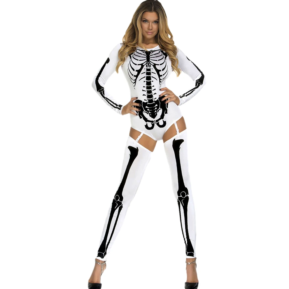 Для женщин Хэллоуин костюм Bodycon комбинезон Новое поступление 2019 года череп печати ролевые игры Сексуальная взрослых костюм для вечеринки
