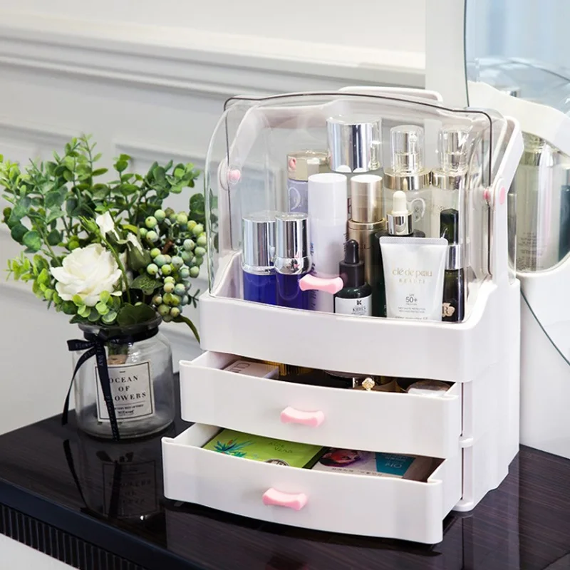 

Large Size Plastic Makeup Organizer Jewelry Storage Box Drawers Cosmetic Storage Case Dust-proof Desk Storage Holder White