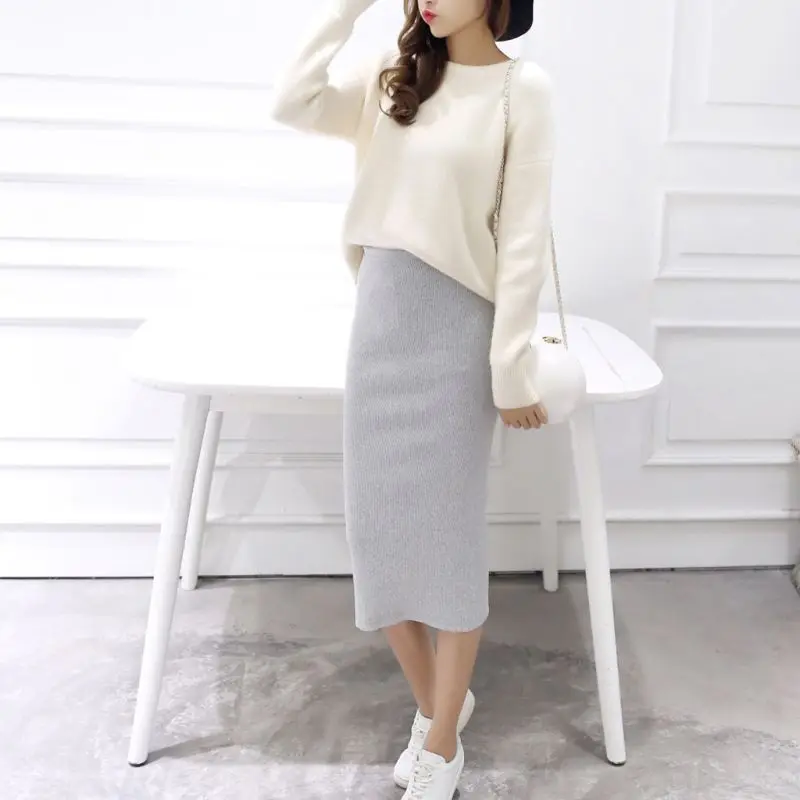 

Women Winter High Waist Hip Split Rib Knit Midi Pencil Skirt Bodycon Solid Color