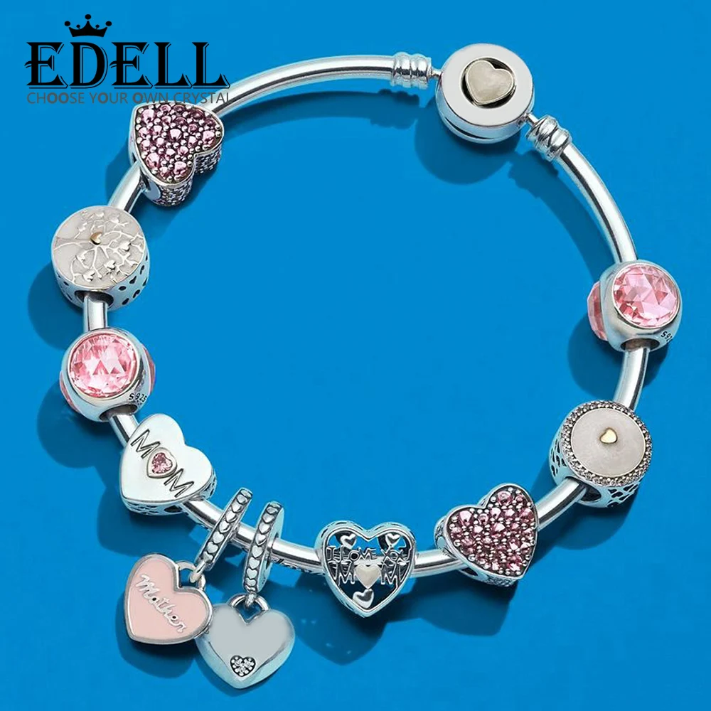 

EDELL 100% 925 Sterling Silver Tree of Hearts Charm Precious Enamel I LOVE YOU MOM Beaded Charm Mother's Day Gift Bracelet Set