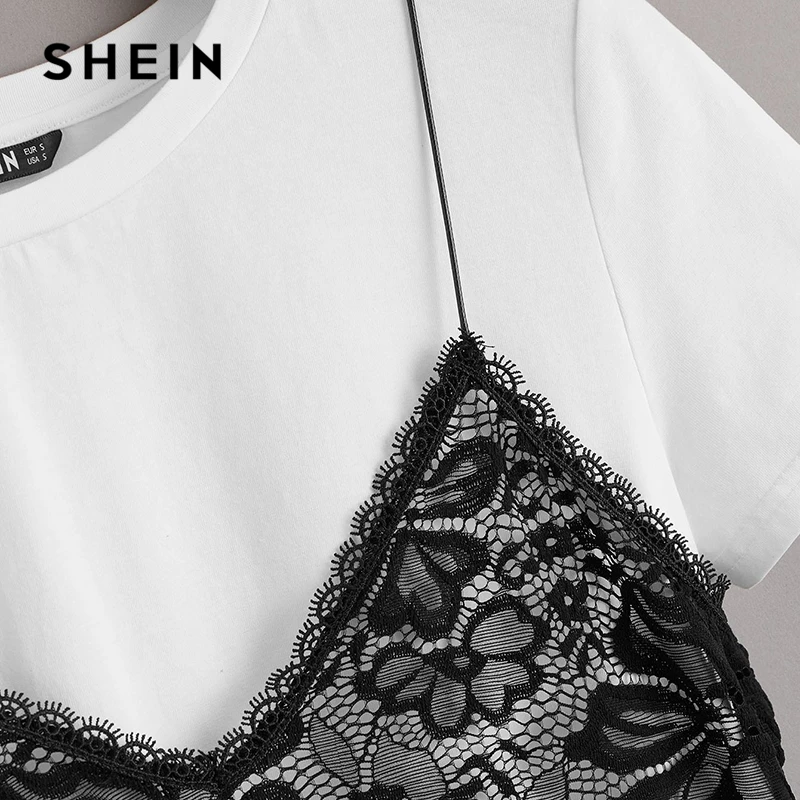 SHEIN بوهو الأسود و الأبيض 2 في 1 الزهور الدانتيل كشكش كامي المحملة عارضة T قميص المرأة الصيف أنيقة س الرقبة قصيرة الأكمام بلايز