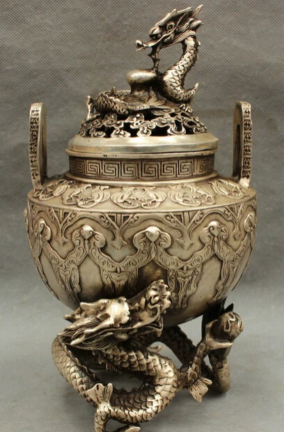 

JP S0608 10" Chinese Silver Buddhism Auspicious Dragon Head Statue Incense Burner Censer