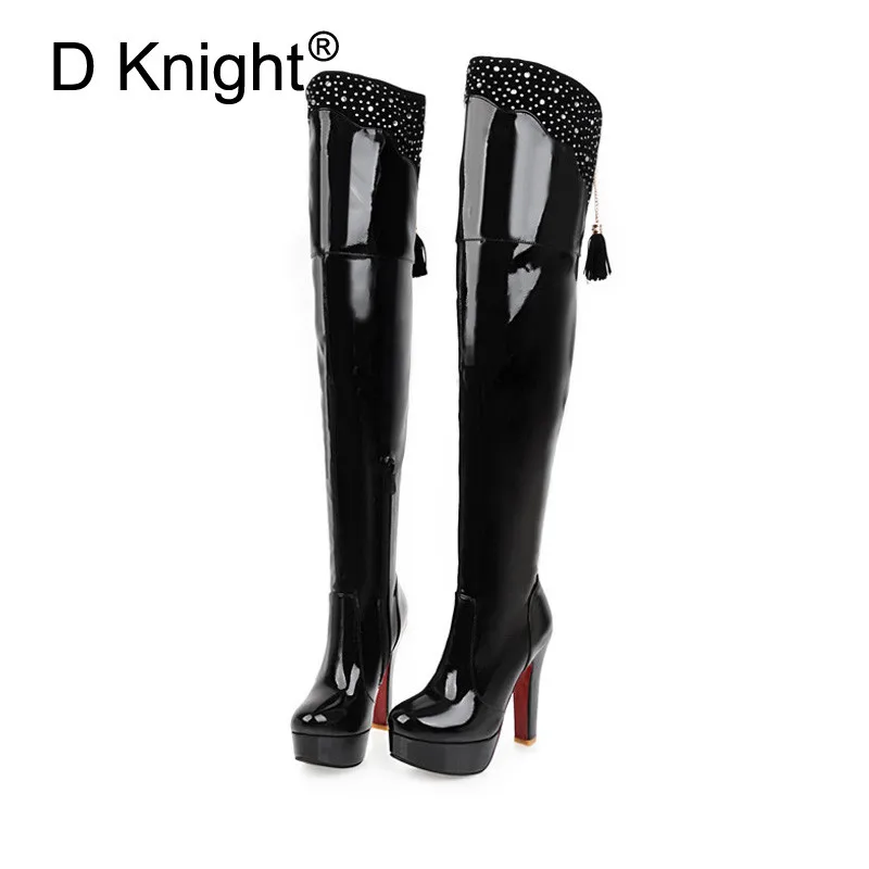 Tassel Rhinestone Thigh High Boots Patent Leather Thick Heels Over-the-Knee Boots Large Size 48 Steel Pole Dance Boots For Women (1)