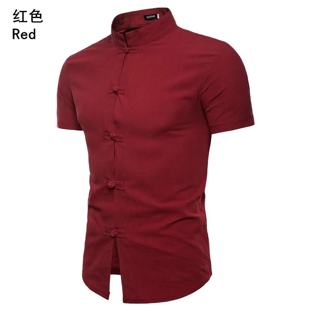 

Button design Chinese style Casual Shirt Men's Clothing Summer Short-sleeved Linen Solid color Blouse Men Shirt Stand collar